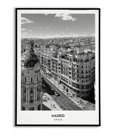 Poster with the city of Madrid in Spain, Artwork No. 5 on the wall painting. black and white photo on the wall.