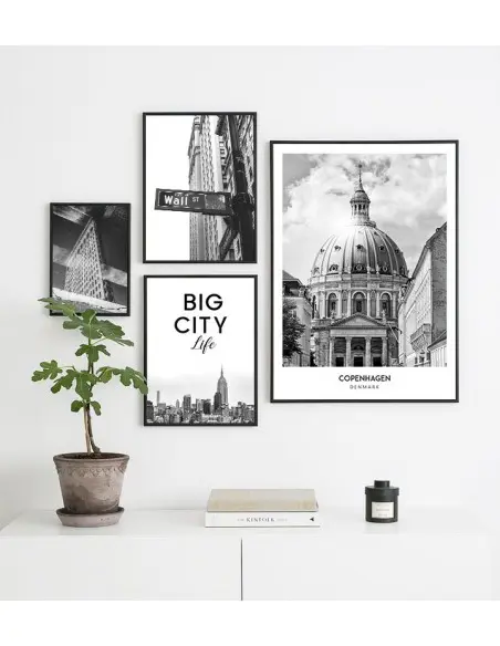 Poster with the city of Copenhagen in Denmark, artwork on the wall painting. black and white photo on the wall.
