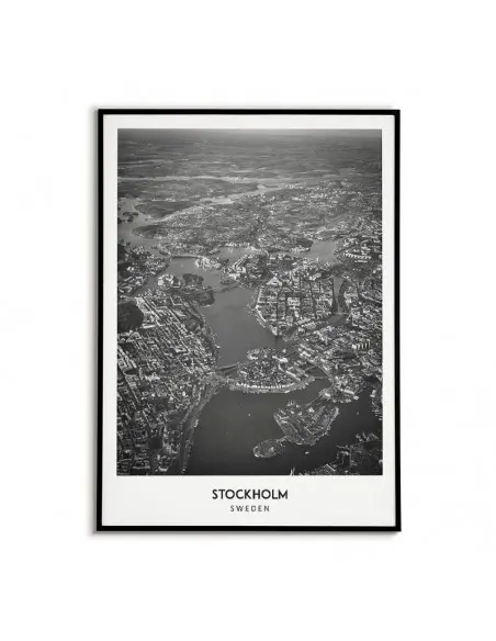 Plakat z miastem Sztokholm w Szwecji Grafika na ścianę obraz. czarno biała fotografia na ścianę.