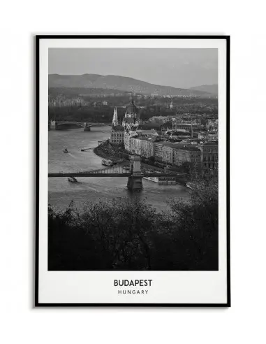 Plakat z miastem Budapeszt na Węgrzech Grafika na ścianę obraz. czarno biała fotografia na ścianę.