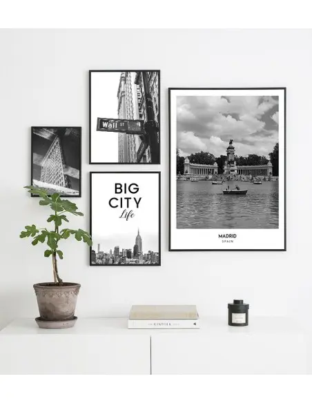 Poster with the city of Madrid in Spain, Artwork No. 8 on the wall painting. black and white photo on the wall.