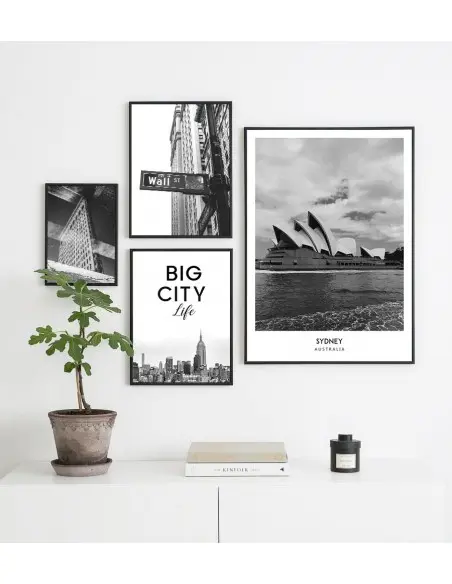 Poster with the city of Sydney in Australia. Artwork on the wall. black and white photo on the wall.
