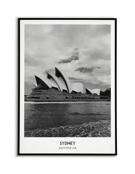 Poster with the city of Sydney in Australia. Artwork on the wall. black and white photo on the wall.