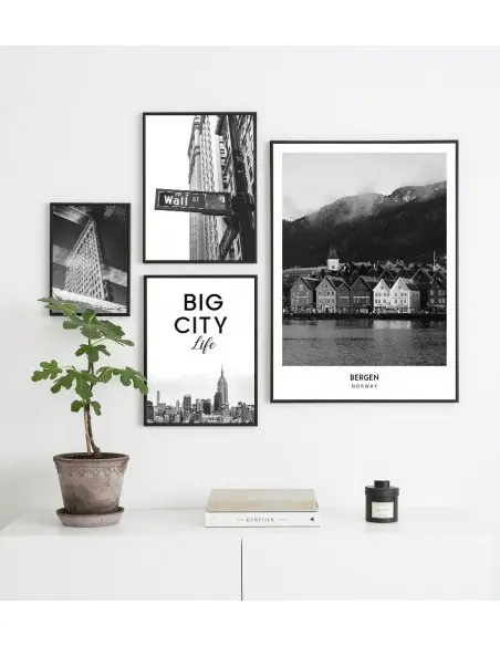 Poster with the city of Bergen in Norway. Artwork on the wall. black and white photo on the wall.