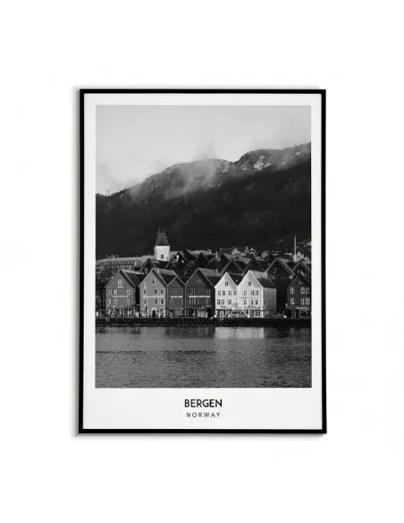 Poster with the city of Bergen in Norway. Artwork on the wall. black and white photo on the wall.