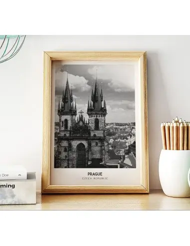 Poster with the city of Prague in the Czech Republic. Artwork on the wall. black and white photo on the wall. Poster with the city of Prague in the Czech Republic. Artwork on the wall. black and white photo on the wall.