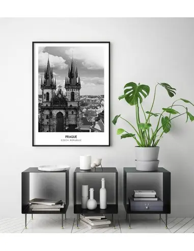 Poster with the city of Prague in the Czech Republic. Artwork on the wall. black and white photo on the wall. Poster with the city of Prague in the Czech Republic. Artwork on the wall. black and white photo on the wall.