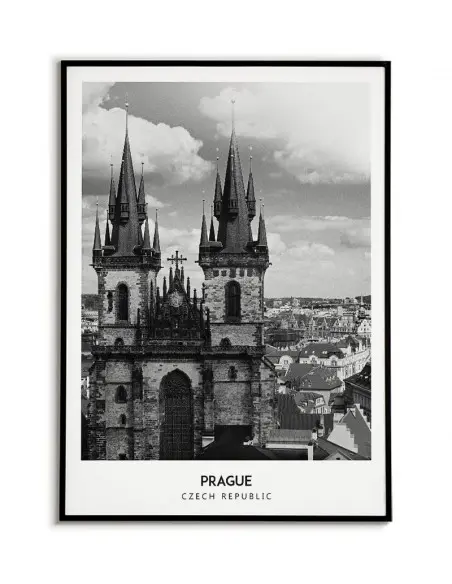 Poster with the city of Prague in the Czech Republic. Artwork on the wall. black and white photo on the wall.