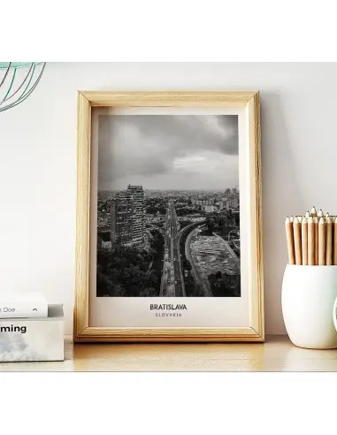 Poster with the city of Bratislava in Slovakia. Artwork on the wall. black and white photo on the wall. Poster with the city of Bratislava in Slovakia. Artwork on the wall. black and white photo on the wall.