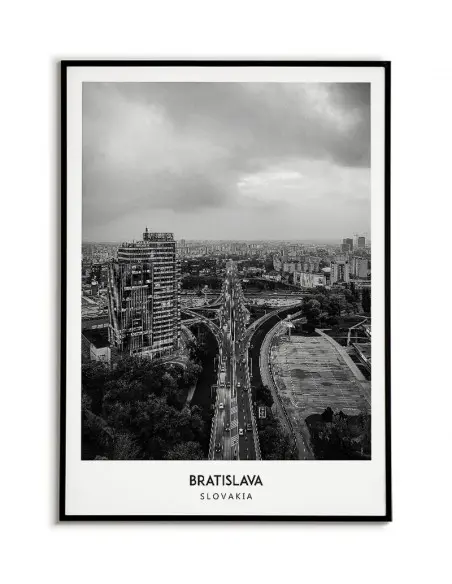 Poster with the city of Bratislava in Slovakia. Artwork on the wall. black and white photo on the wall.
