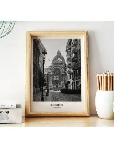 Poster with the city of Bucharest in Romania. Artwork on the wall painting. black and white photo on the wall. Poster with the city of Bucharest in Romania. Artwork on the wall painting. black and white photo on the wall.