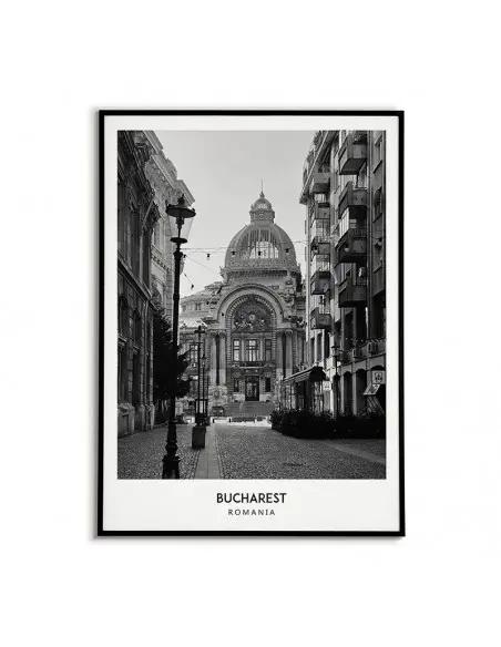 Plakat z miastem Bukareszt w Rumunii Grafika na ścianę obraz. czarno biała fotografia na ścianę.