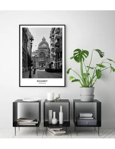 Poster with the city of Bucharest in Romania. Artwork on the wall painting. black and white photo on the wall. Poster with the city of Bucharest in Romania. Artwork on the wall painting. black and white photo on the wall.