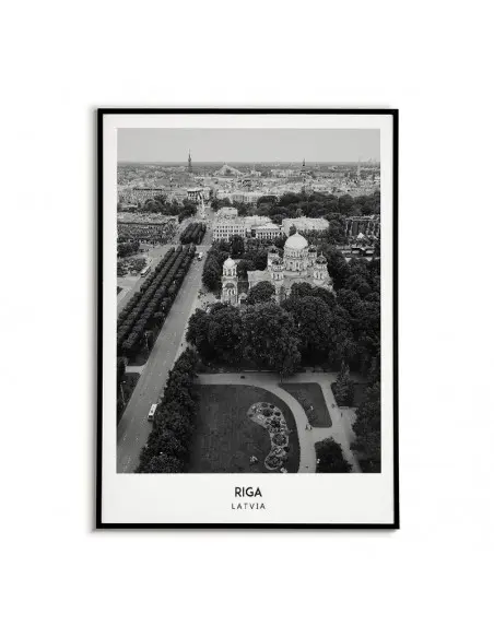 Poster with the city of Riga in Latvia. Artwork on the wall painting. black and white photo on the wall.