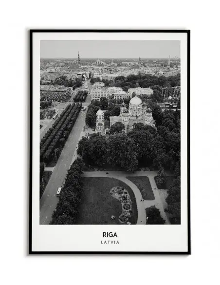 Poster with the city of Riga in Latvia. Artwork on the wall painting. black and white photo on the wall.