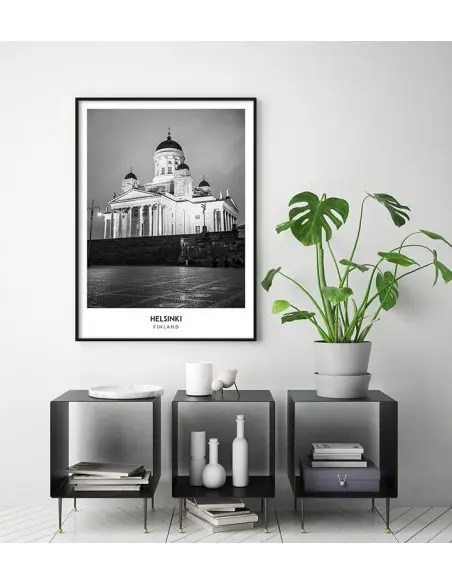 Poster with the city of Helsinki in Finland Artwork on the wall painting. black and white photo on the wall.