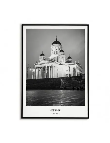 Plakat z miastem Helsinki w Finlandii Grafika na ścianę obraz. czarno biała fotografia na ścianę.