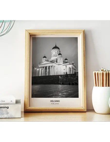 Poster with the city of Helsinki in Finland Artwork on the wall painting. black and white photo on the wall.