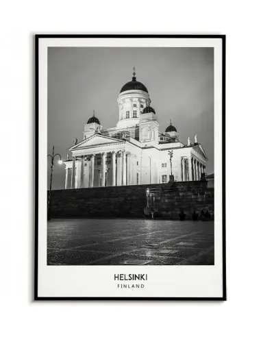 Plakat z miastem Helsinki w Finlandii Grafika na ścianę obraz. czarno biała fotografia na ścianę.