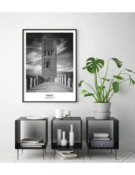 Poster with the city of Rabat in Morocco. Artwork on the wall. black and white photo on the wall.