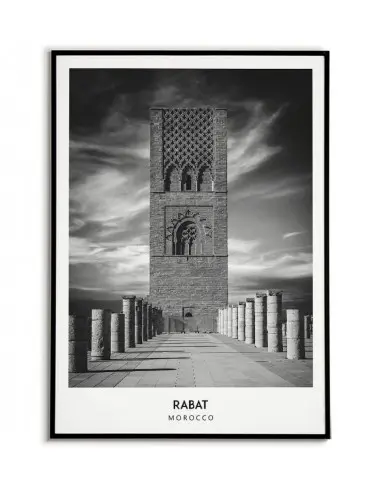 Plakat z miastem Rabat w Maroku Grafika na ścianę obraz. czarno biała fotografia na ścianę.