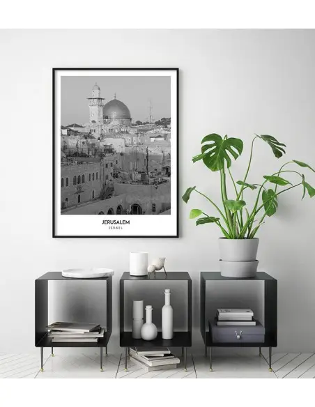 Poster with the city of Jerusalem in Israel. Artwork on the wall. black and white photo on the wall.