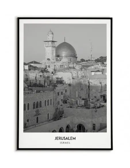 Poster with the city of Jerusalem in Israel. Artwork on the wall. black and white photo on the wall.