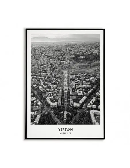 Poster with the city of Yerevan in Armenia. Artwork on the wall. black and white photo on the wall.