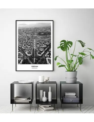 Poster with the city of Yerevan in Armenia. Artwork on the wall. black and white photo on the wall. Poster with the city of Yerevan in Armenia. Artwork on the wall. black and white photo on the wall.