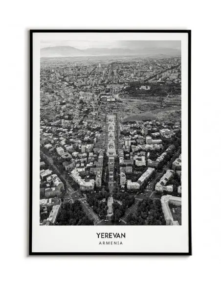 Poster with the city of Yerevan in Armenia. Artwork on the wall. black and white photo on the wall.