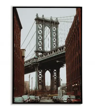 New York Manhattan Bridge Poster. Artwork with a photo of the bridge to the frame. The modern architecture of the United States.