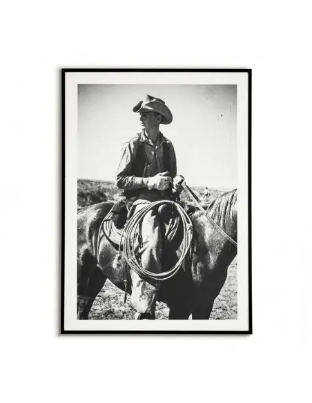 Plakat z Kowbojem. Stara fotografia, grafika do ramki. Czarno biała fotografia z koniem i kowbojem.