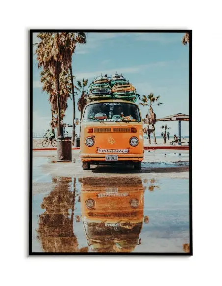 Poster, artwork for the frame with an orange brand car Volkswagen standing on the beach.