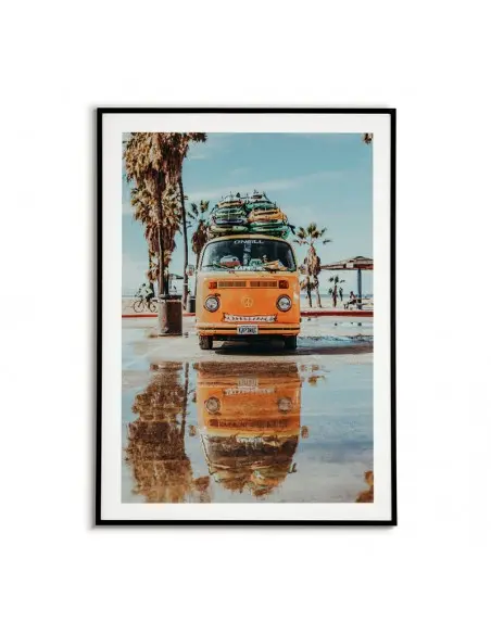 Poster, artwork for the frame with an orange brand car Volkswagen standing on the beach.