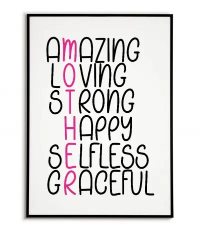 Plakat, grafika do ramki dla mamy z wymienionymi cechami idealnej mamy. Plakat idealny na dzień matki