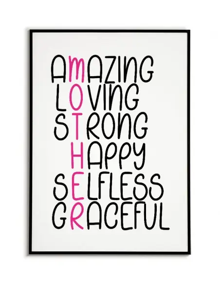 A poster, a graphic for a frame for a mum with the listed features of an ideal mum. Perfect poster for Mother's Day