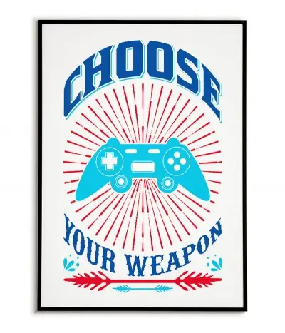 A poster for the player with a pad and the words "Choose your weapon". Modern graphics for the player's room