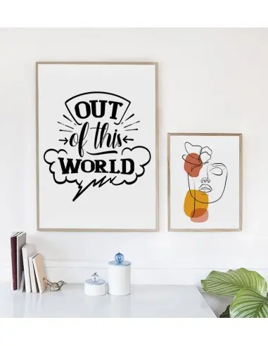 Plakat w stylu skandynawskim do pokoju dziecka z napisem i grafiką "Out of the world" idealny do każdej ramki.