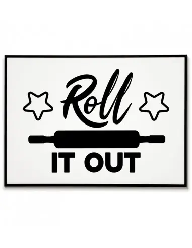 Plakat, grafika do kuchni z napisem "Roll it out" oraz wałkiem do ciasta. Czarno biały plakat do powieszenia w kuchni. Plakat, grafika do kuchni z napisem "Roll it out" oraz wałkiem do ciasta. Czarno biały plakat do powieszenia w kuchni.