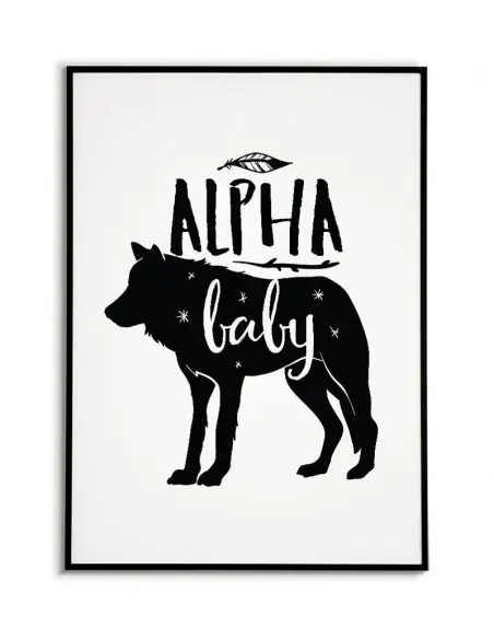 Plakat, grafika w stylu skandynawskim dla dzieci z wilkiem i napisem "Alpha Baby" do pokoju dziecięcego.