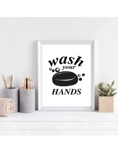 Plakat, grafika do łazienki z mydłem i napisem "Wash your hands" Myj swoje ręce, plakat Plakat, grafika do łazienki z mydłem i napisem "Wash your hands" Myj swoje ręce, plakat