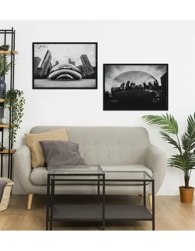 Plakat Z miastem Chicago w USA, na grafice widoczna Chicagowska fasola. Plakat czarno biały do ramki Plakat Z miastem Chicago w USA, na grafice widoczna Chicagowska fasola. Plakat czarno biały do ramki