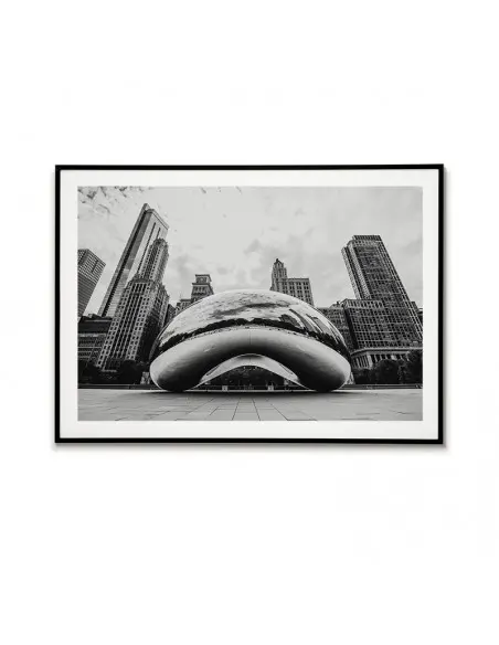 Plakat Z miastem Chicago w USA, na grafice widoczna Chicagowska fasola. Plakat czarno biały do ramki