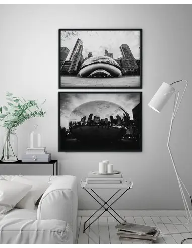 Plakat Z miastem Chicago w USA, na grafice widoczna Chicagowska fasola. Plakat czarno biały do ramki Plakat Z miastem Chicago w USA, na grafice widoczna Chicagowska fasola. Plakat czarno biały do ramki