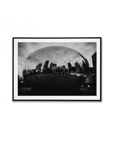 Plakat Z miastem Chicago w USA, na grafice widoczna Chicagowska fasola. Plakat czarno biały do ramki Plakat Z miastem Chicago w USA, na grafice widoczna Chicagowska fasola. Plakat czarno biały do ramki