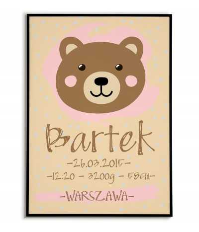 metryczka dla dziecka z okazji narodzin w prostym stylu skandynawskim z brązowym misiem