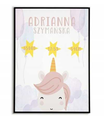 Różowa metryczka z jednorożcem i gwiazdkami z okazji narodzin dziecka idealne jak prezent.