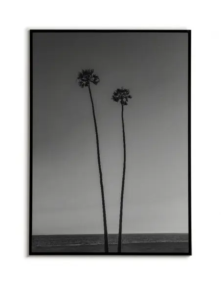 Palmy, plakat, grafika do ramki z widokiem na ocean i rosnące palmy. Nowoczesny plakat.