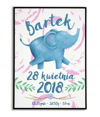 Metryczka dla dziecka z datą urodzenia, imieniem. Na metryczce znajduje się słodki niebieski słonik.