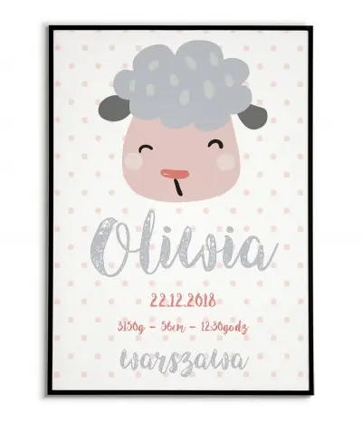 Metryczka dla dziecka z datą urodzenia, imieniem. Na metryczce znajduje się słodka owieczka